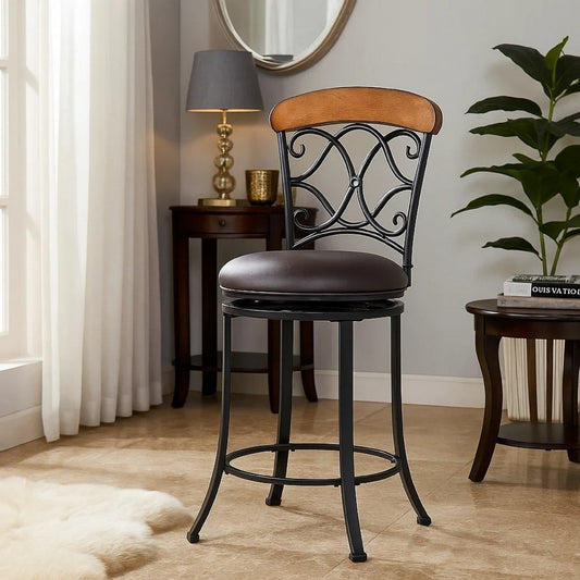 Soni Swivel Counter Chair | Scroll Back | Brown Faux Leather | Black Metal