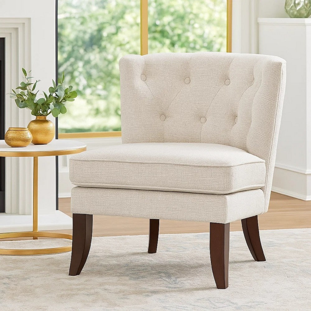 Rose Accent Chair | Button Tufted Wingback | Beige Polyester | Brown Legs