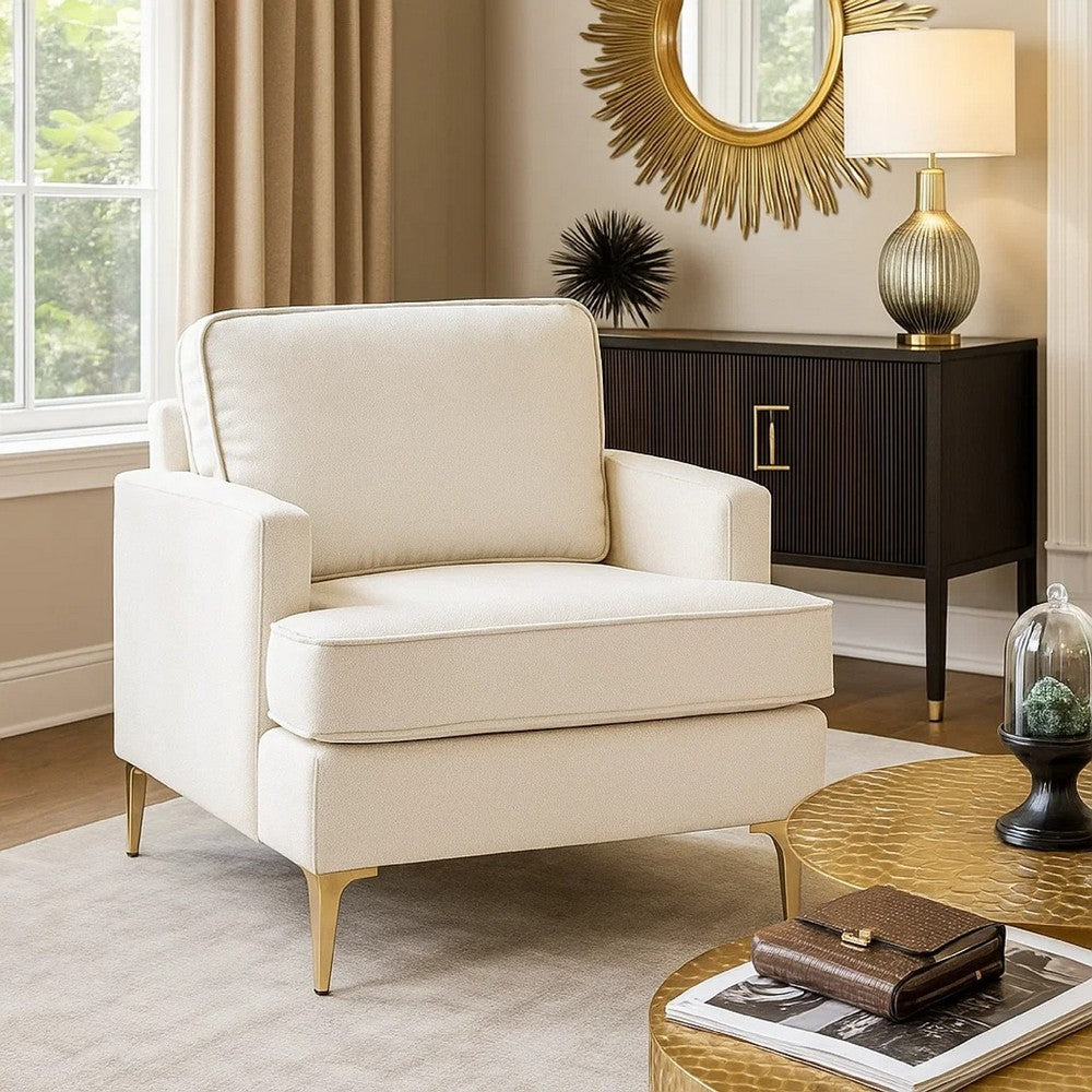 Cole Accent Chair | Foam Fill Beige Chenille | Track Arms | Gold Metal Legs