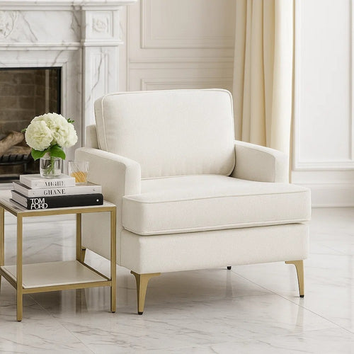 Cole Accent Chair | Foam Fill Beige Chenille | Track Arms | Gold Metal Legs