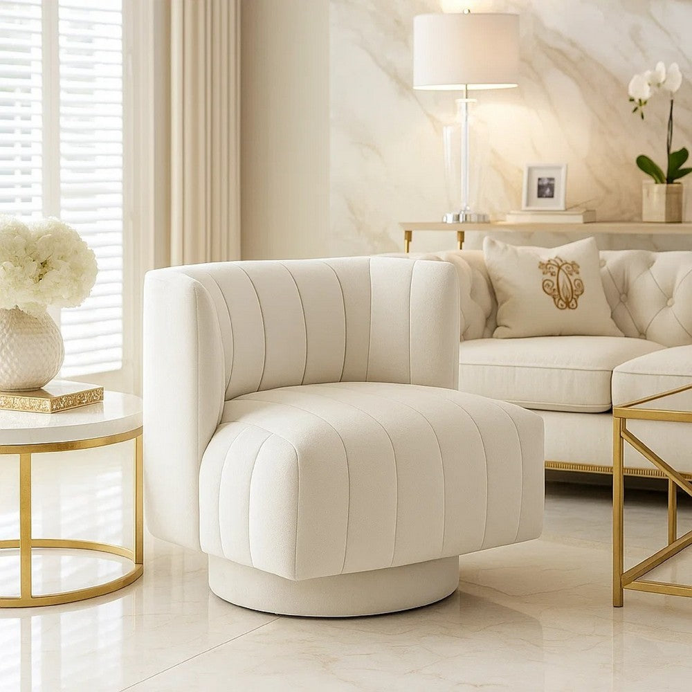 Joya Swivel Accent Chair | Barrel Wingback | Channeled Beige Polyester