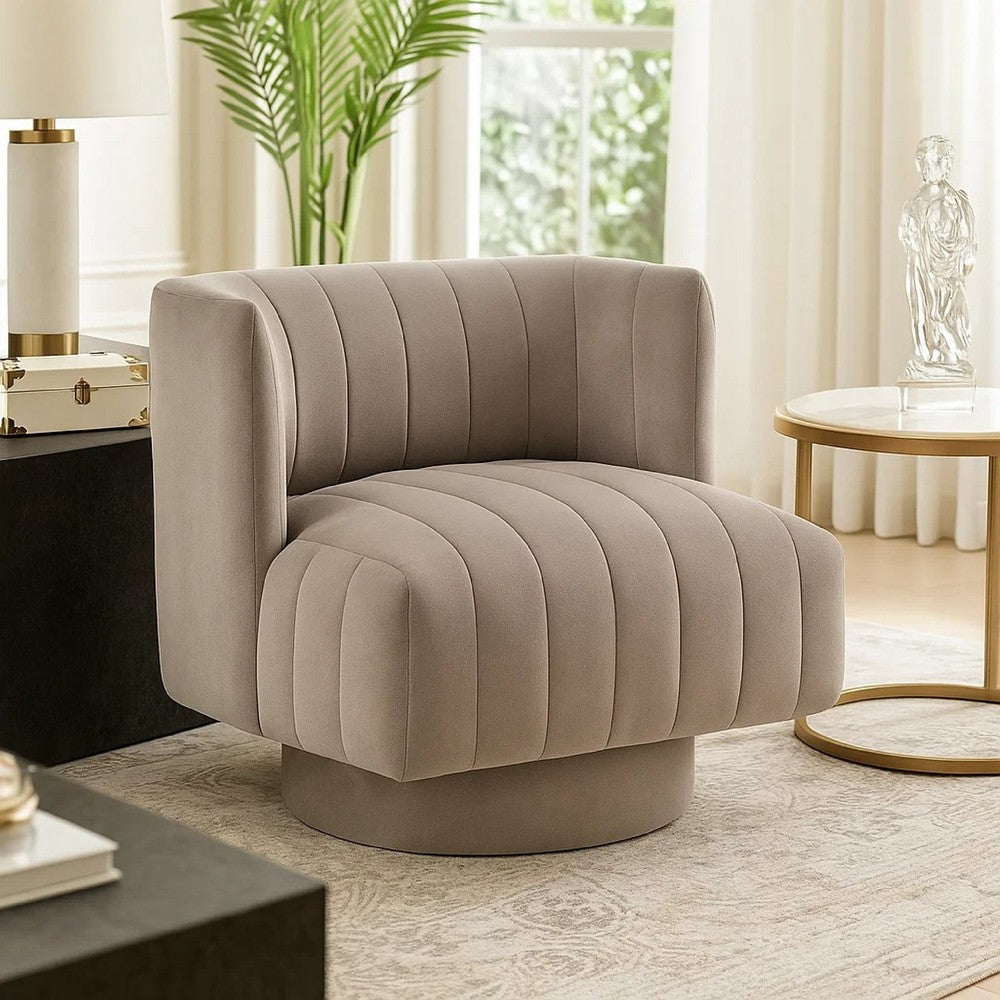 Joya Swivel Accent Chair | Barrel Wingback | Channeled Taupe Gray Polyester