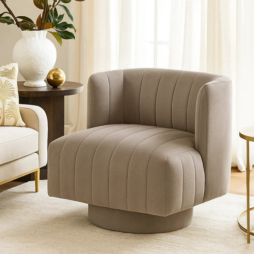 Joya Swivel Accent Chair | Barrel Wingback | Channeled Taupe Gray Polyester