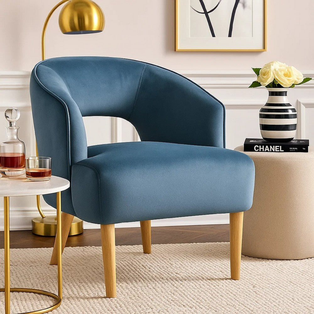 Dora Accent Chair | Open Barrel Back | Blue Velvet | Light Brown Legs