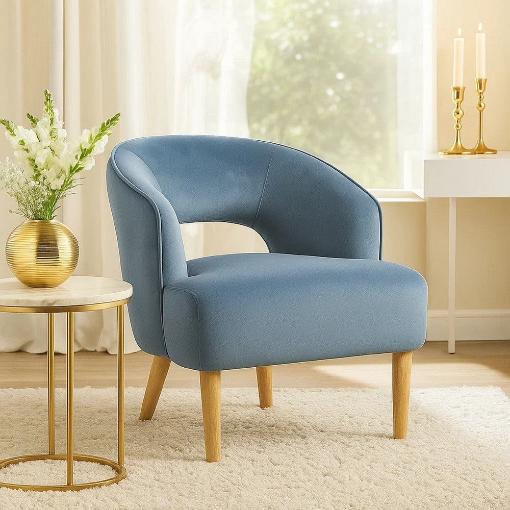 Dora Accent Chair | Open Barrel Back | Blue Velvet | Light Brown Legs