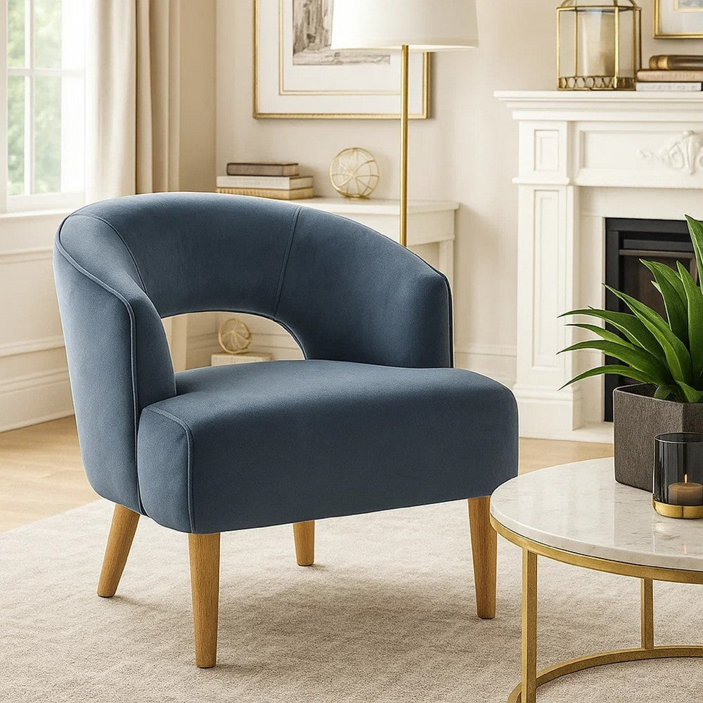 Dora Accent Chair | Open Barrel Back | Dark Gray Velvet | Light Brown Legs
