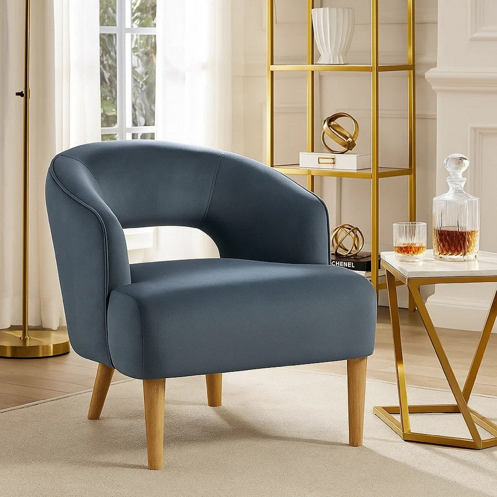 Dora Accent Chair | Open Barrel Back | Dark Gray Velvet | Light Brown Legs