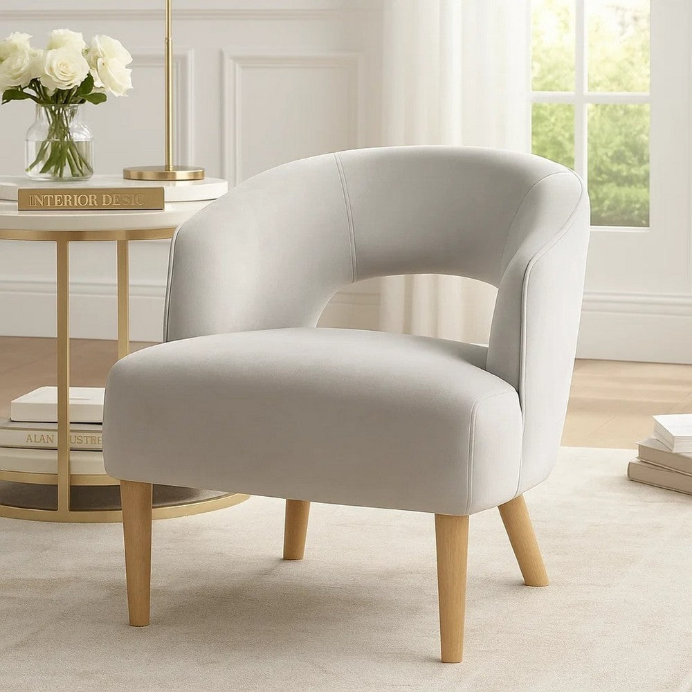 Dora Accent Chair | Open Barrel Back | Gray Velvet | Light Brown Legs