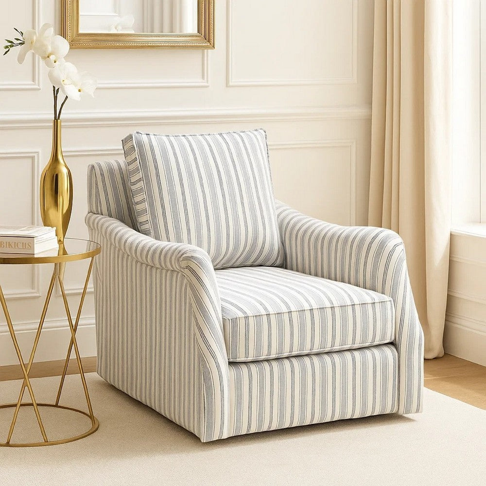 Boni Swivel Accent Chair | Foam Fill | Off White Polyester | Blue Stripes