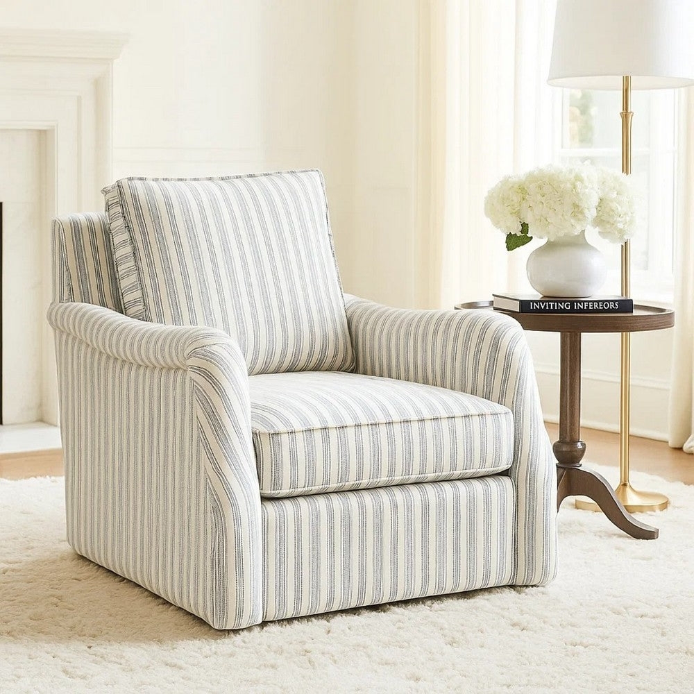 Boni Swivel Accent Chair | Foam Fill | Off White Polyester | Blue Stripes
