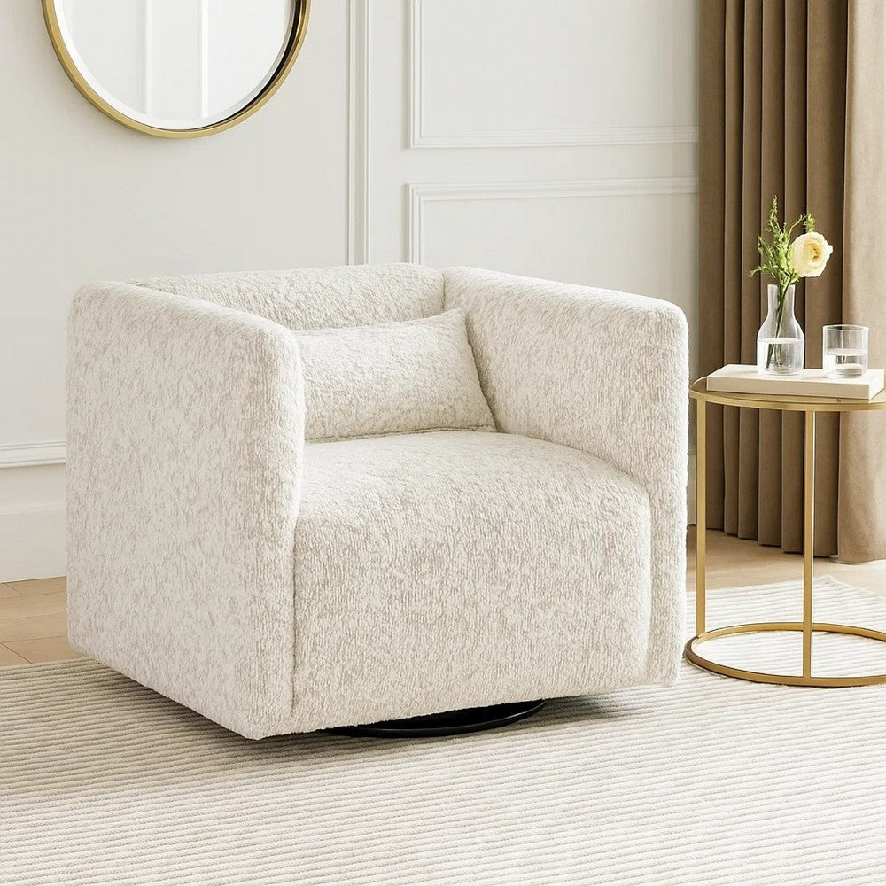 Veena Swivel Cube Chair w Lumbar Pillow | Foam Cushions | Beige Jacquard