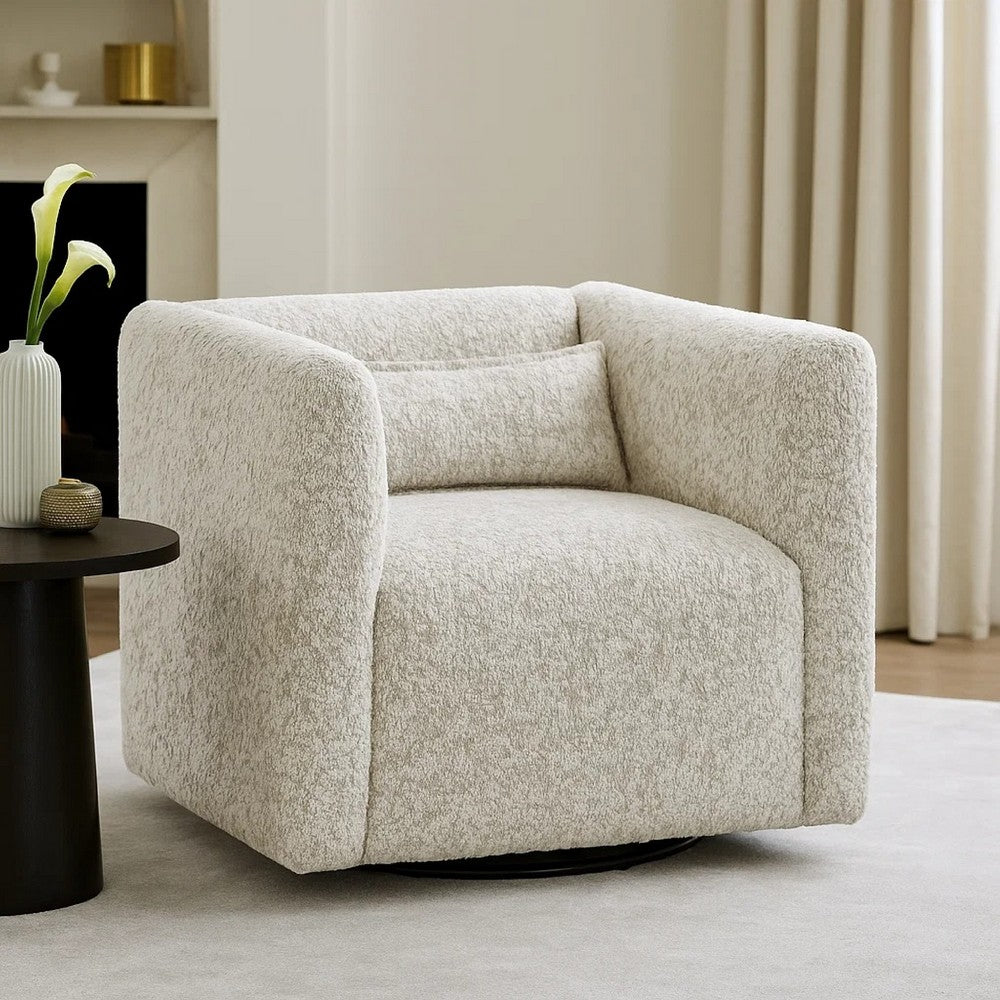 Veena Swivel Cube Chair w Lumbar Pillow | Foam Cushions | Beige Jacquard