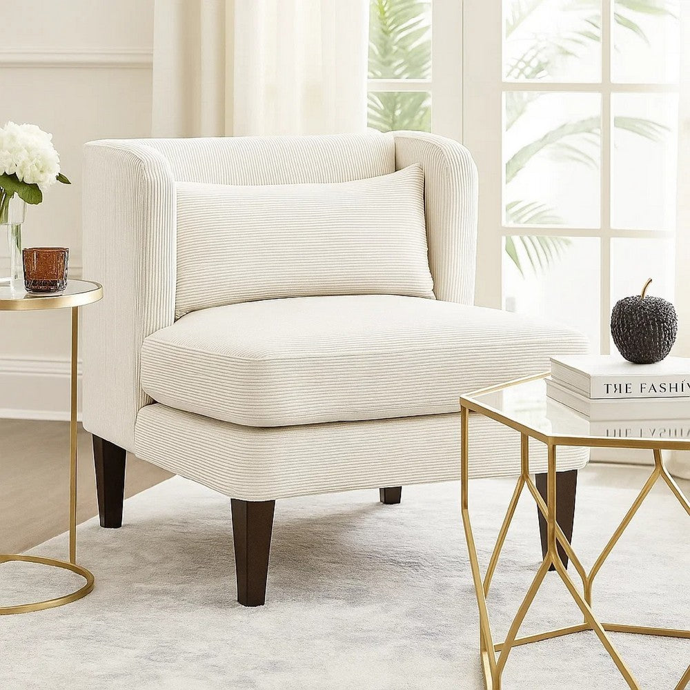 Feya Accent Chair w Lumbar Pillow | Channeled Beige Corduroy | Brown Legs