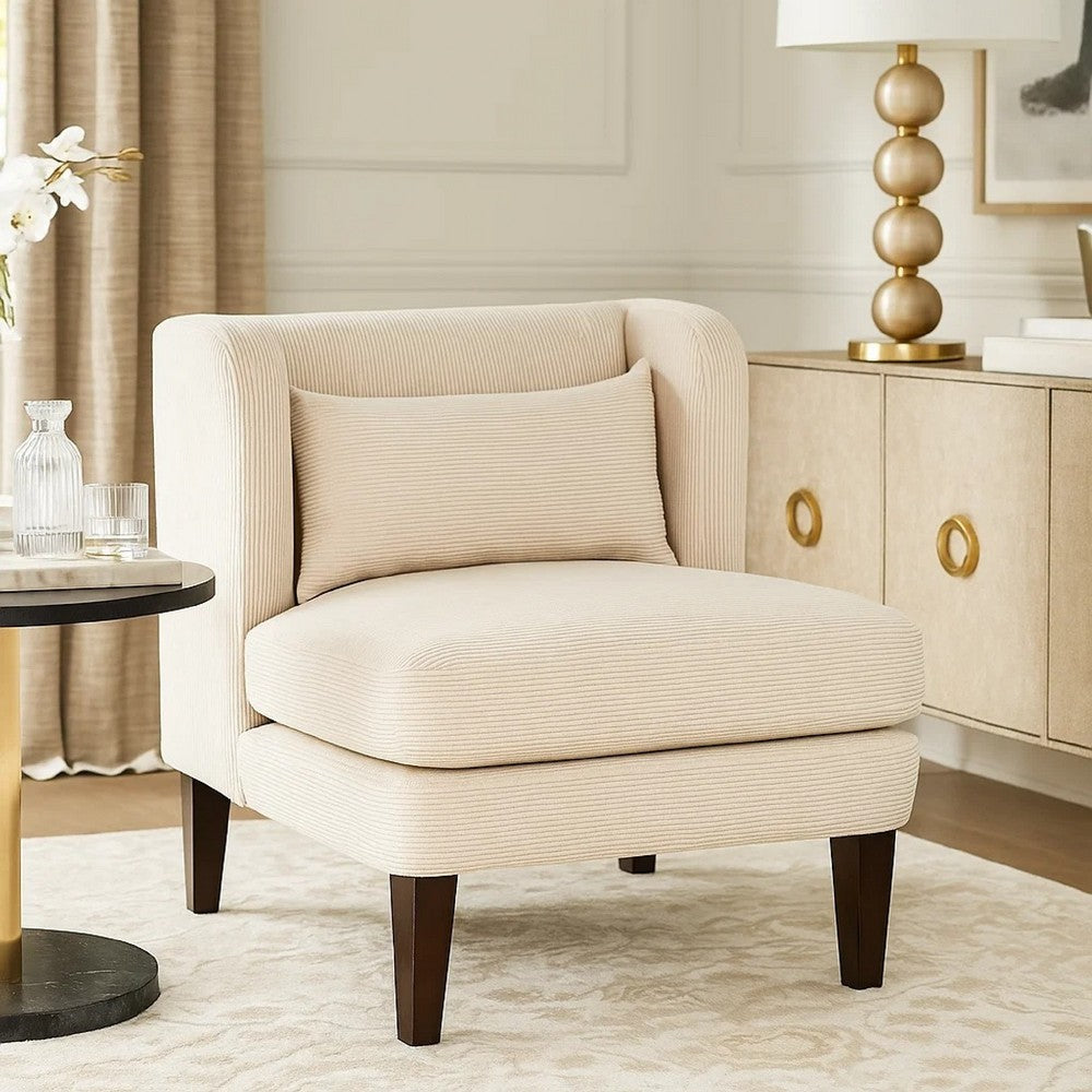 Feya Accent Chair w Lumbar Pillow | Channeled Beige Corduroy | Brown Legs