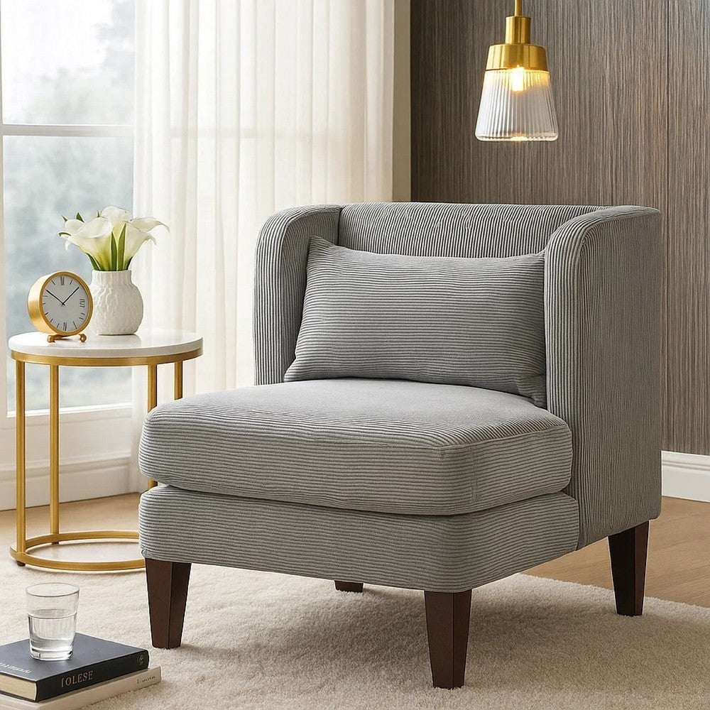 Feya Accent Chair w Pillow | Channeled Dark Gray Corduroy | Brown Legs