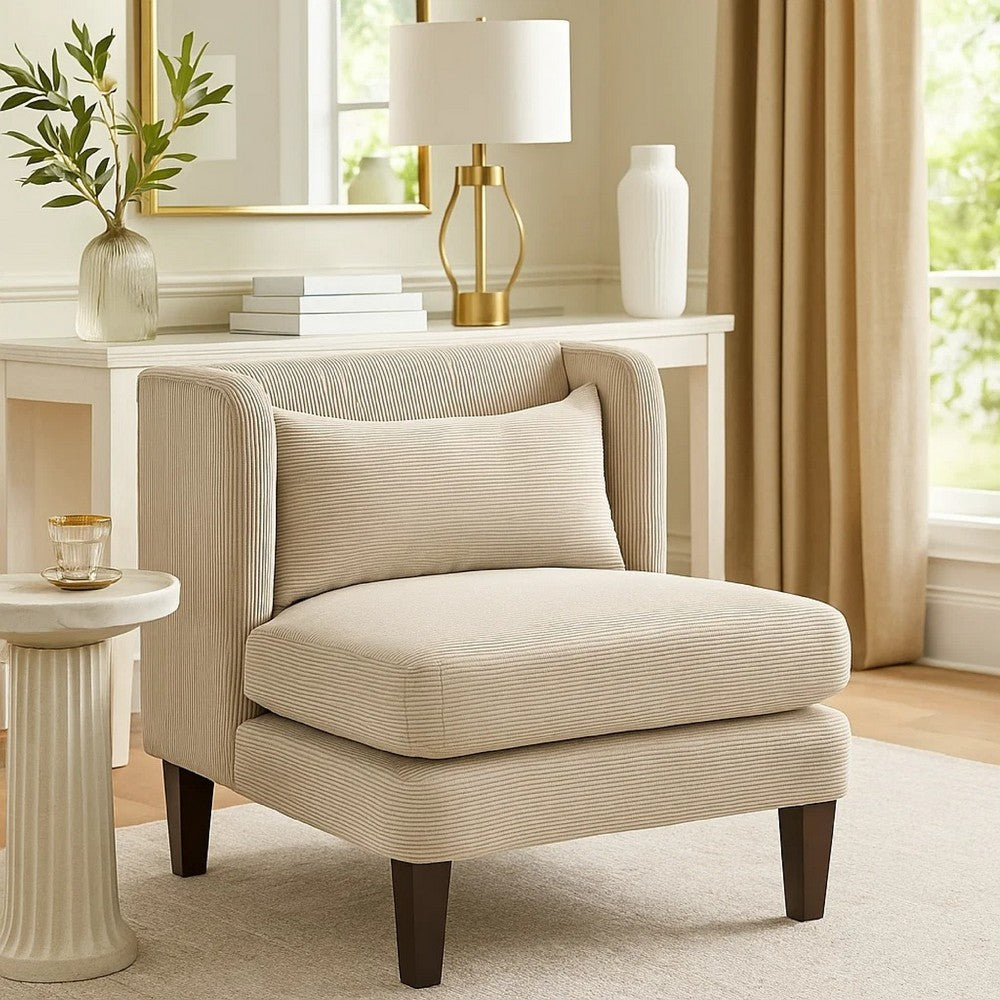 Feya Accent Chair w Pillow | Channeled Taupe Brown Corduroy | Brown Legs