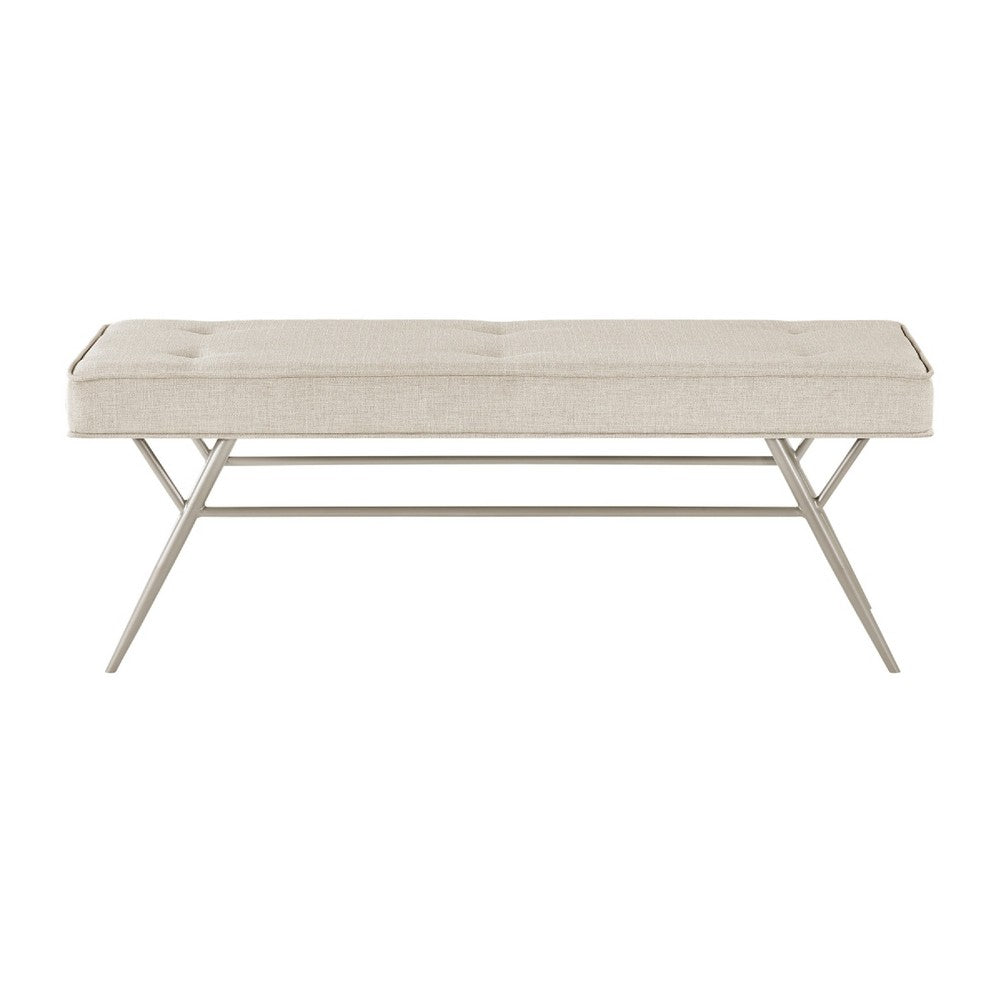 Wen Dining Bench, Beige Polyester, Champagne Gray Angled Base, 48"
