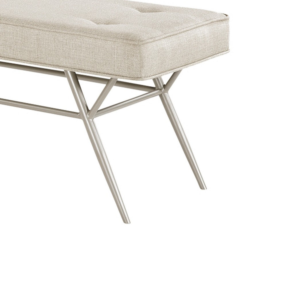 Wen Dining Bench, Beige Polyester, Champagne Gray Angled Base, 48"