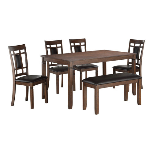 Neva 6pc Dining Set w Bench, Cherry Brown Faux Leather Upholstery