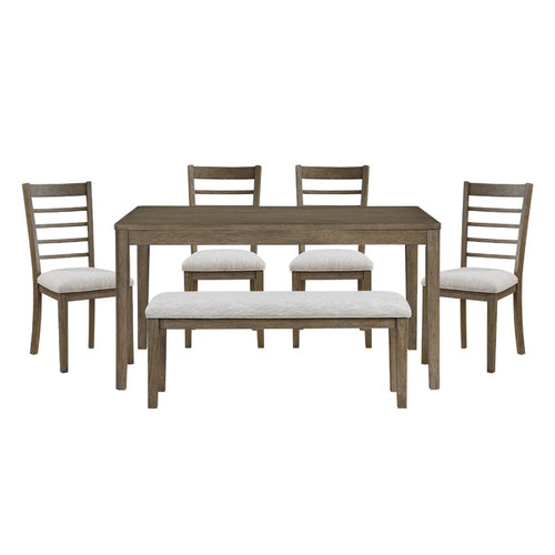 Emy 6pc Dining Set w Bench, Gray Cushions, Brown Ladderback Chairs