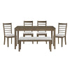 Emy 6pc Dining Set w Bench, Gray Cushions, Brown Ladderback Chairs