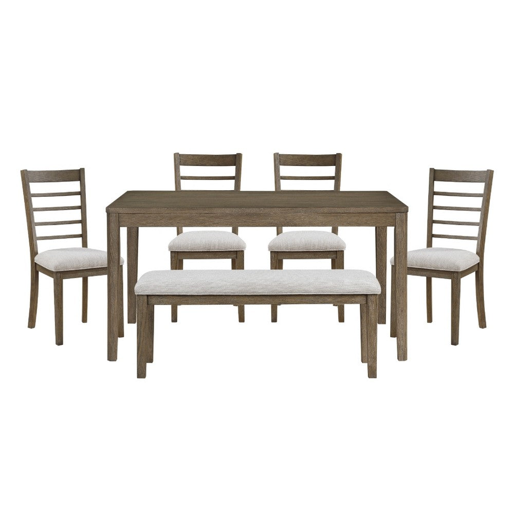 Emy 6pc Dining Set w Bench, Gray Cushions, Brown Ladderback Chairs