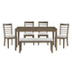 Emy 6pc Dining Set w Bench, Gray Cushions, Brown Ladderback Chairs