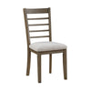 Emy 6pc Dining Set w Bench, Gray Cushions, Brown Ladderback Chairs