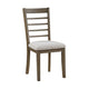 Emy 6pc Dining Set w Bench, Gray Cushions, Brown Ladderback Chairs