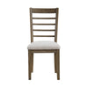 Emy 6pc Dining Set w Bench, Gray Cushions, Brown Ladderback Chairs