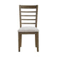 Emy 6pc Dining Set w Bench, Gray Cushions, Brown Ladderback Chairs