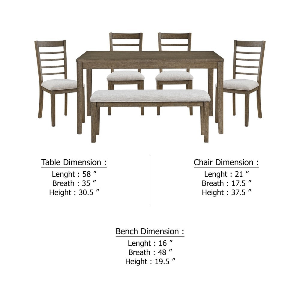 Emy 6pc Dining Set w Bench, Gray Cushions, Brown Ladderback Chairs