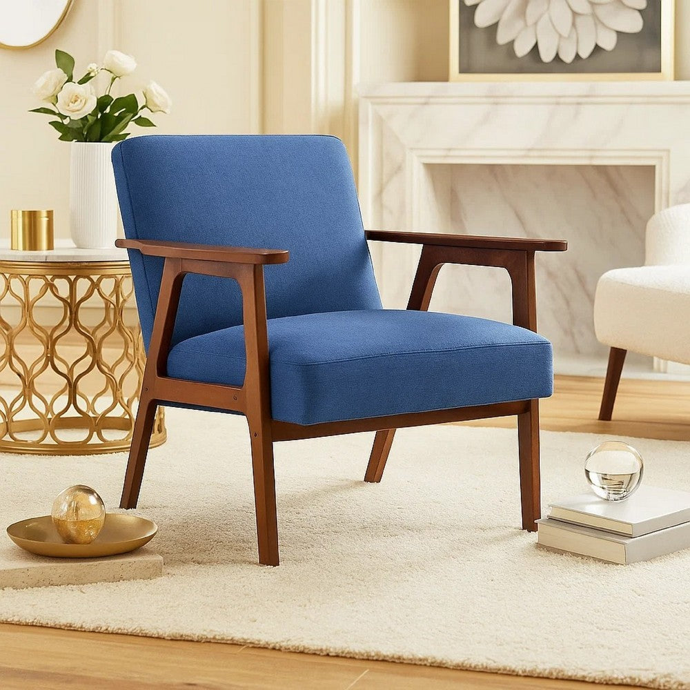 Cathy Accent Chair, Blue Polyester Cushions, Walnut Brown Rubberwood