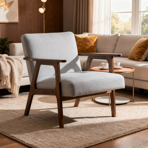 Cathy Accent Chair, Gray Polyester Cushions, Walnut Brown Rubberwood