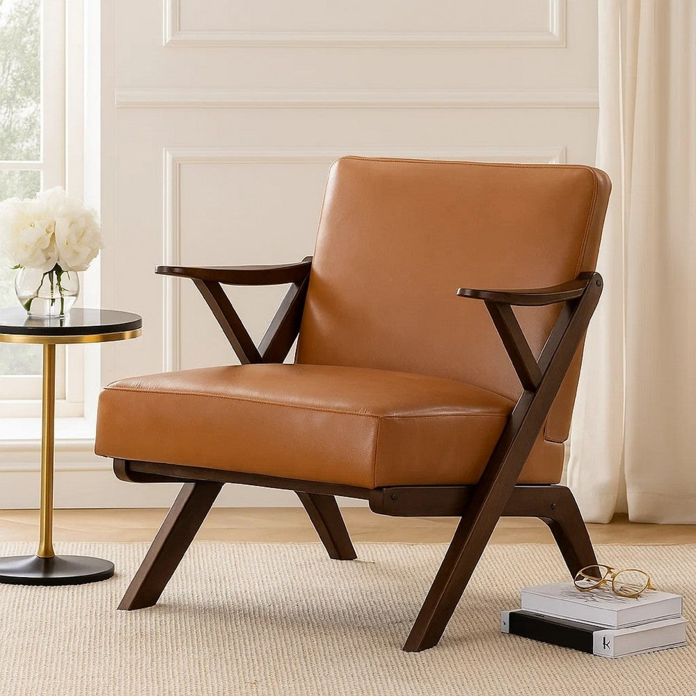 Gya Accent Chair, Faux Leather Upholstery, Walnut Brown Rubberwood