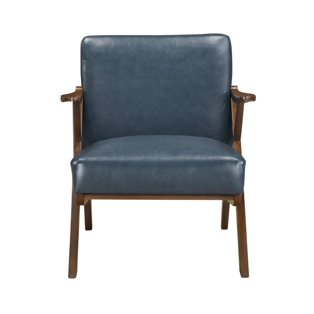 Gya Accent Chair, Blue Faux Leather Upholstery, Walnut Brown Rubberwood