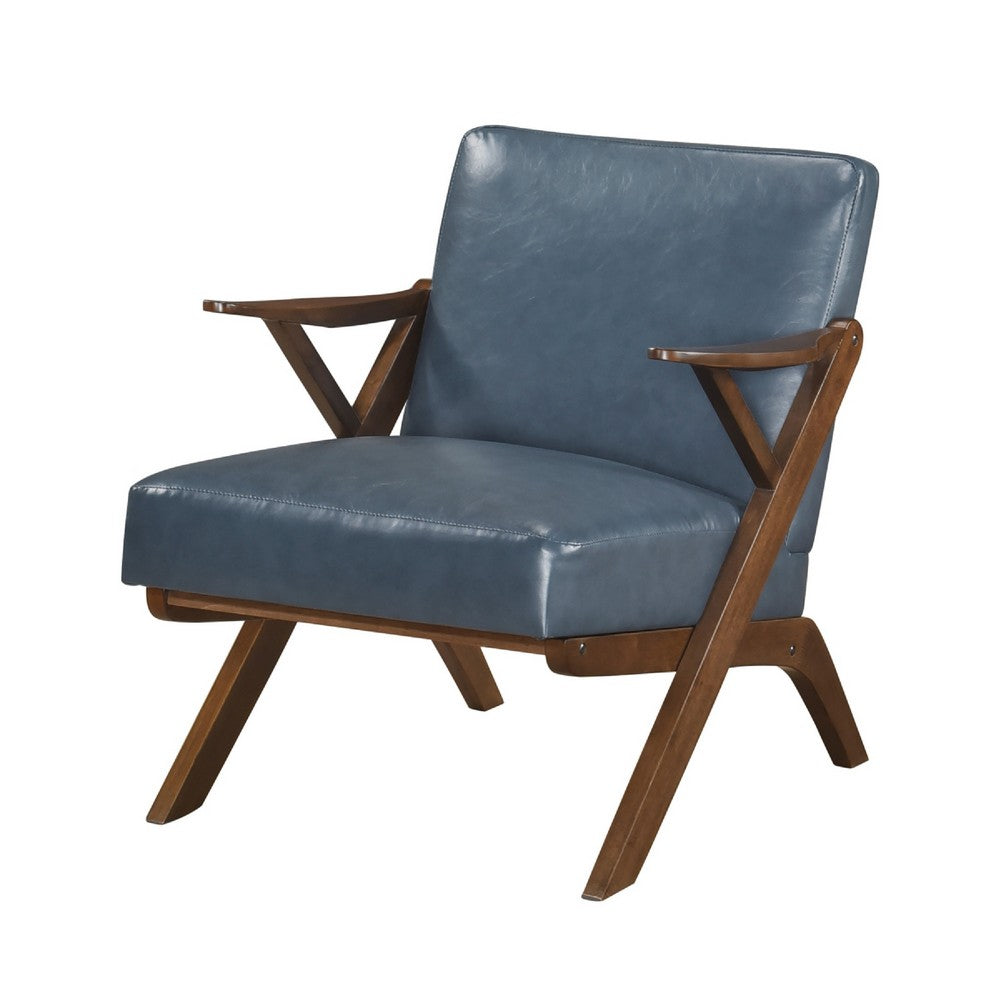 Gya Accent Chair, Blue Faux Leather Upholstery, Walnut Brown Rubberwood