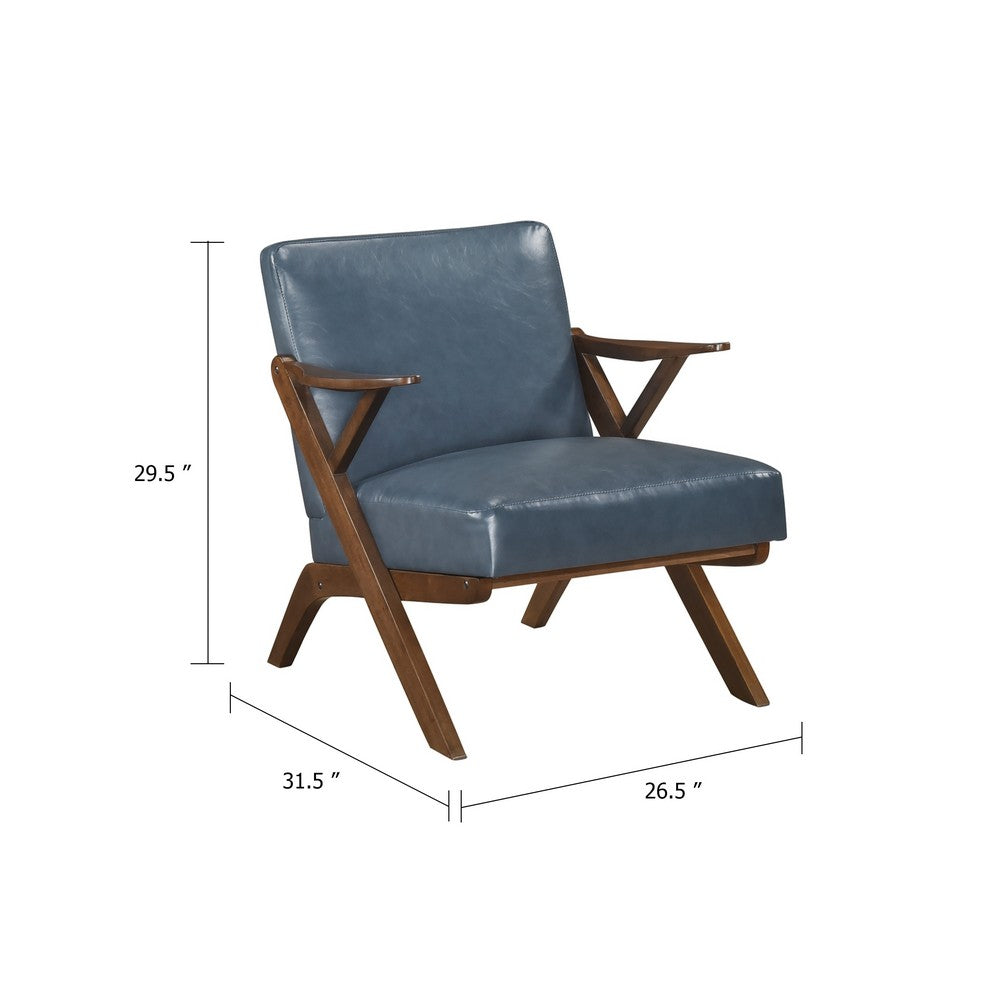 Gya Accent Chair, Blue Faux Leather Upholstery, Walnut Brown Rubberwood