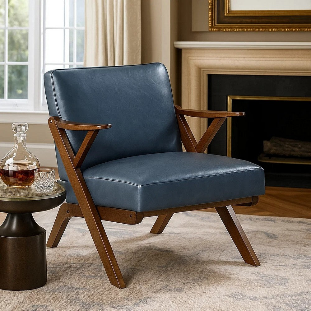 Gya Accent Chair, Blue Faux Leather Upholstery, Walnut Brown Rubberwood