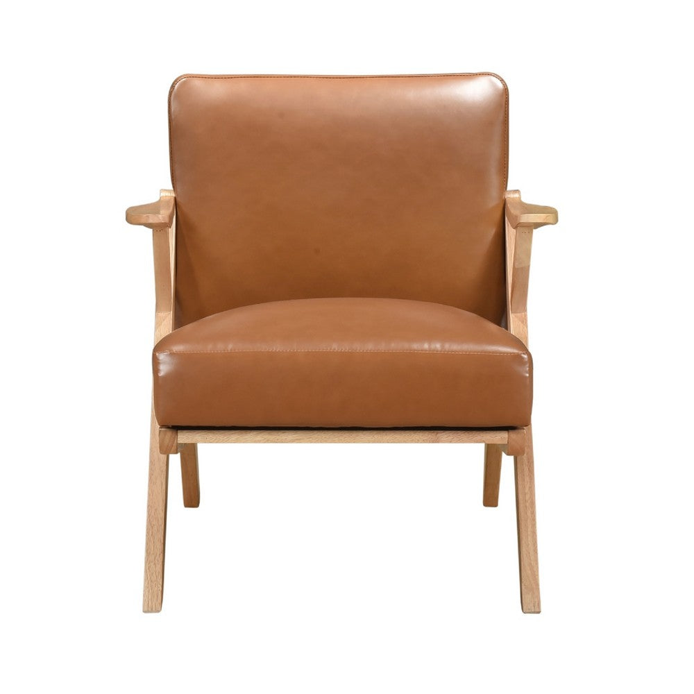 Gya Accent Chair, Brown Faux Leather, Natural Brown Rubberwood