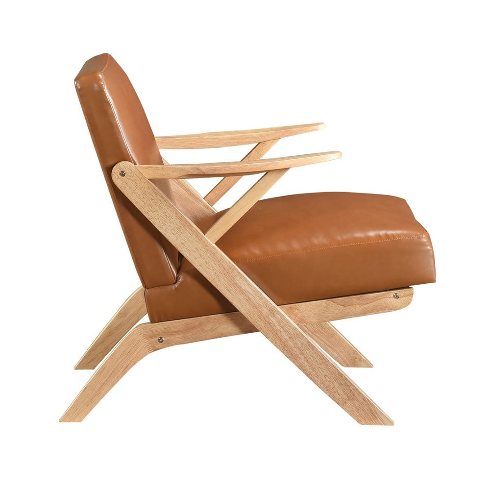 Gya Accent Chair, Brown Faux Leather, Natural Brown Rubberwood