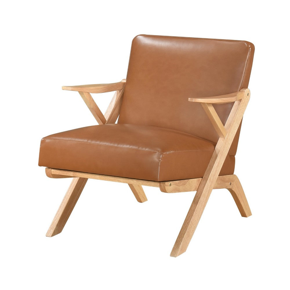 Gya Accent Chair, Brown Faux Leather, Natural Brown Rubberwood