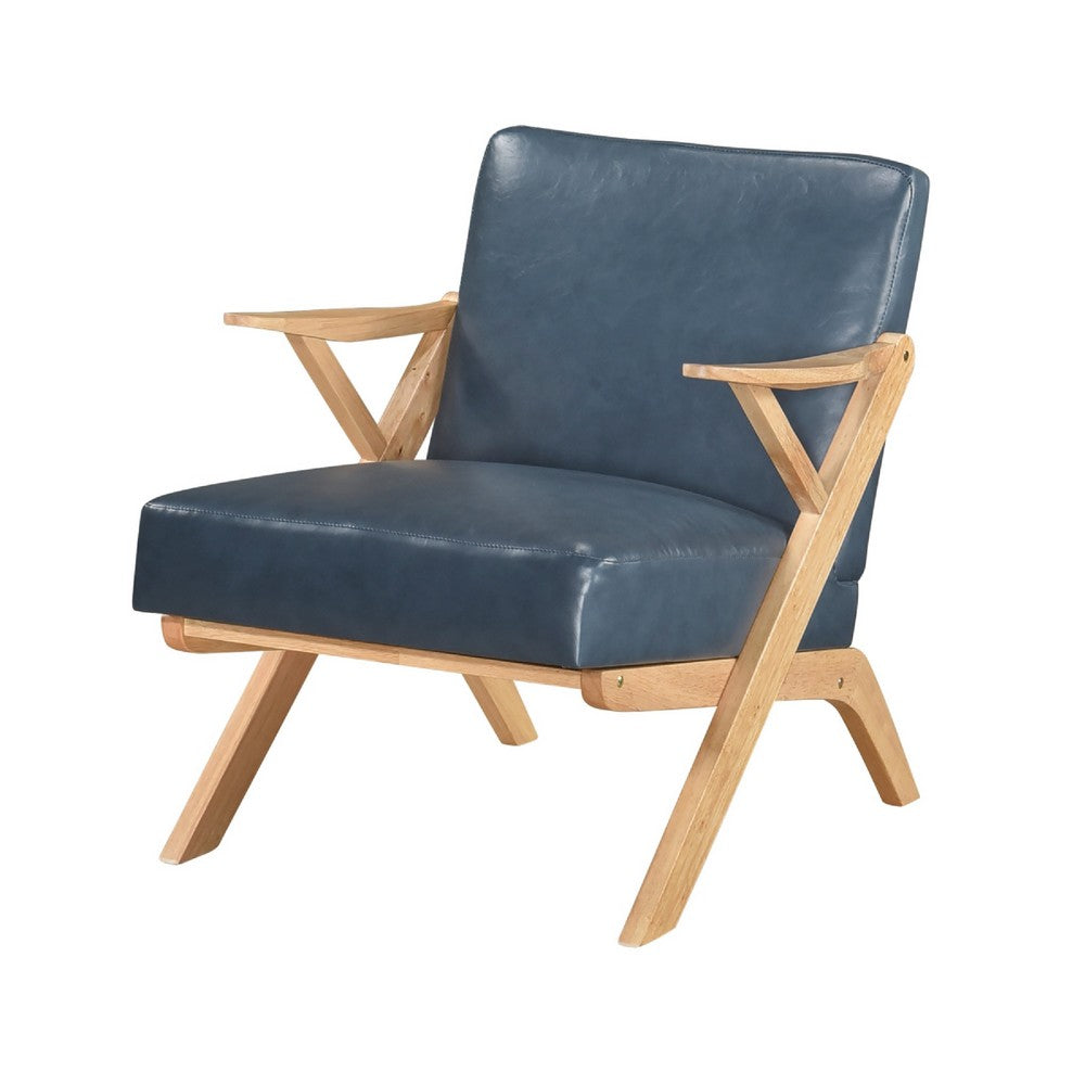 Gya Accent Chair, Blue Faux Leather, Natural Brown Rubberwood