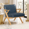 Gya Accent Chair, Blue Faux Leather, Natural Brown Rubberwood