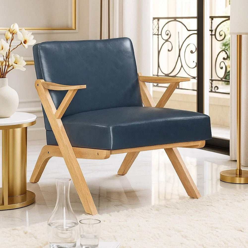 Gya Accent Chair, Blue Faux Leather, Natural Brown Rubberwood