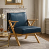 Gya Accent Chair, Blue Faux Leather, Natural Brown Rubberwood