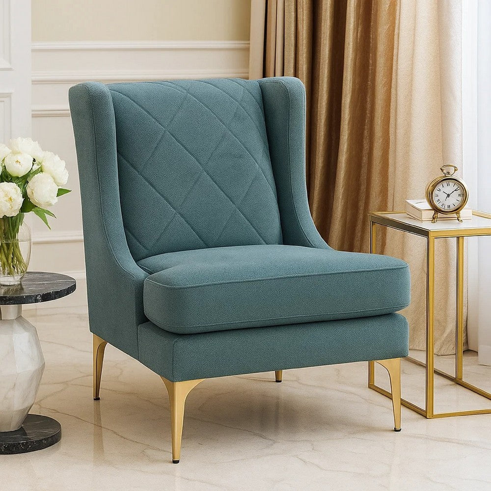 Svy Wingback Accent Chair, Blue Chenille Cushion, Gold Metal Legs