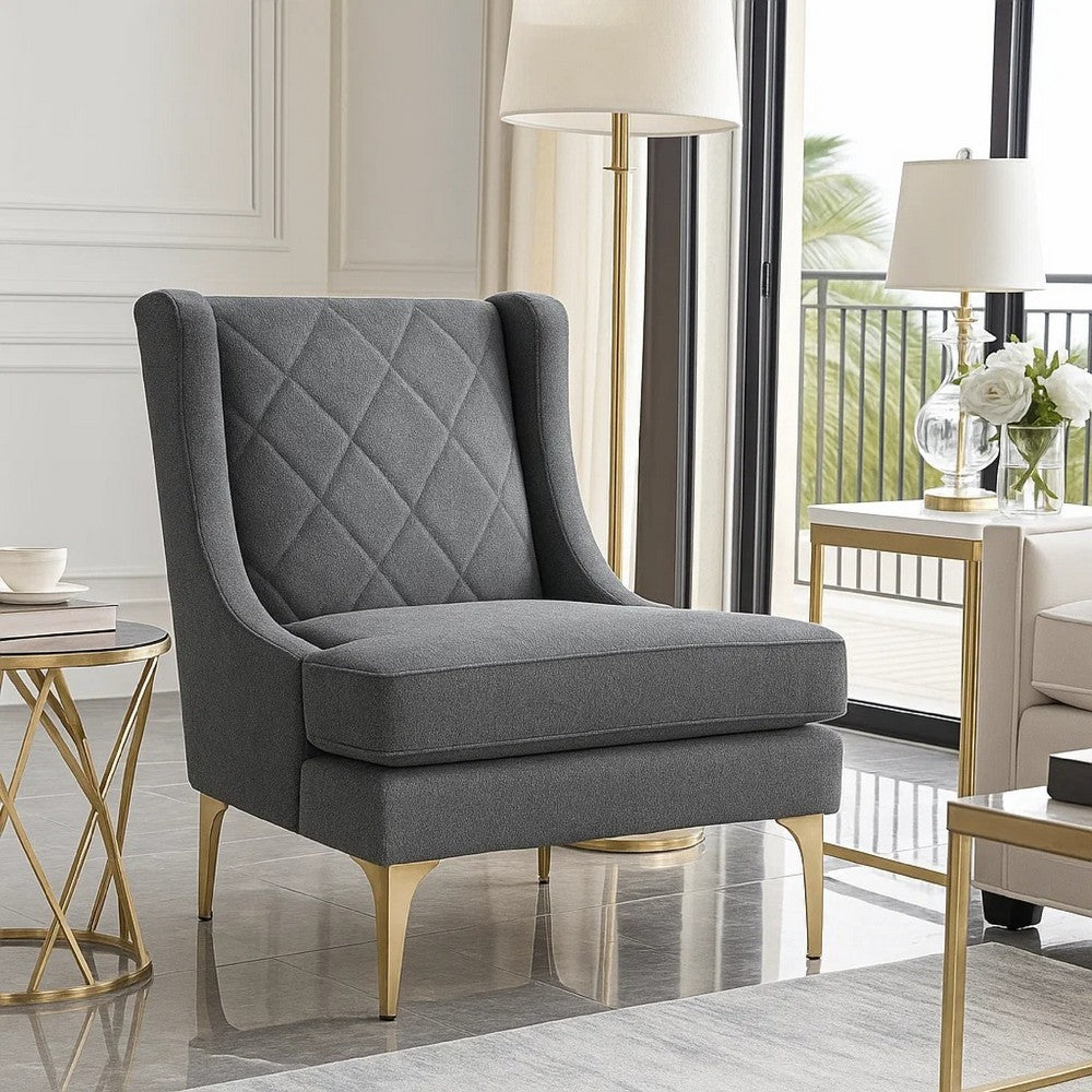 Svy Wingback Accent Chair, Dark Gray Chenille Cushion, Gold Metal Legs