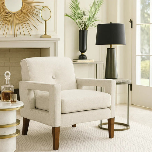 Bei Armchair, Beige Chenille Cushion, Walnut Brown Solid Wood
