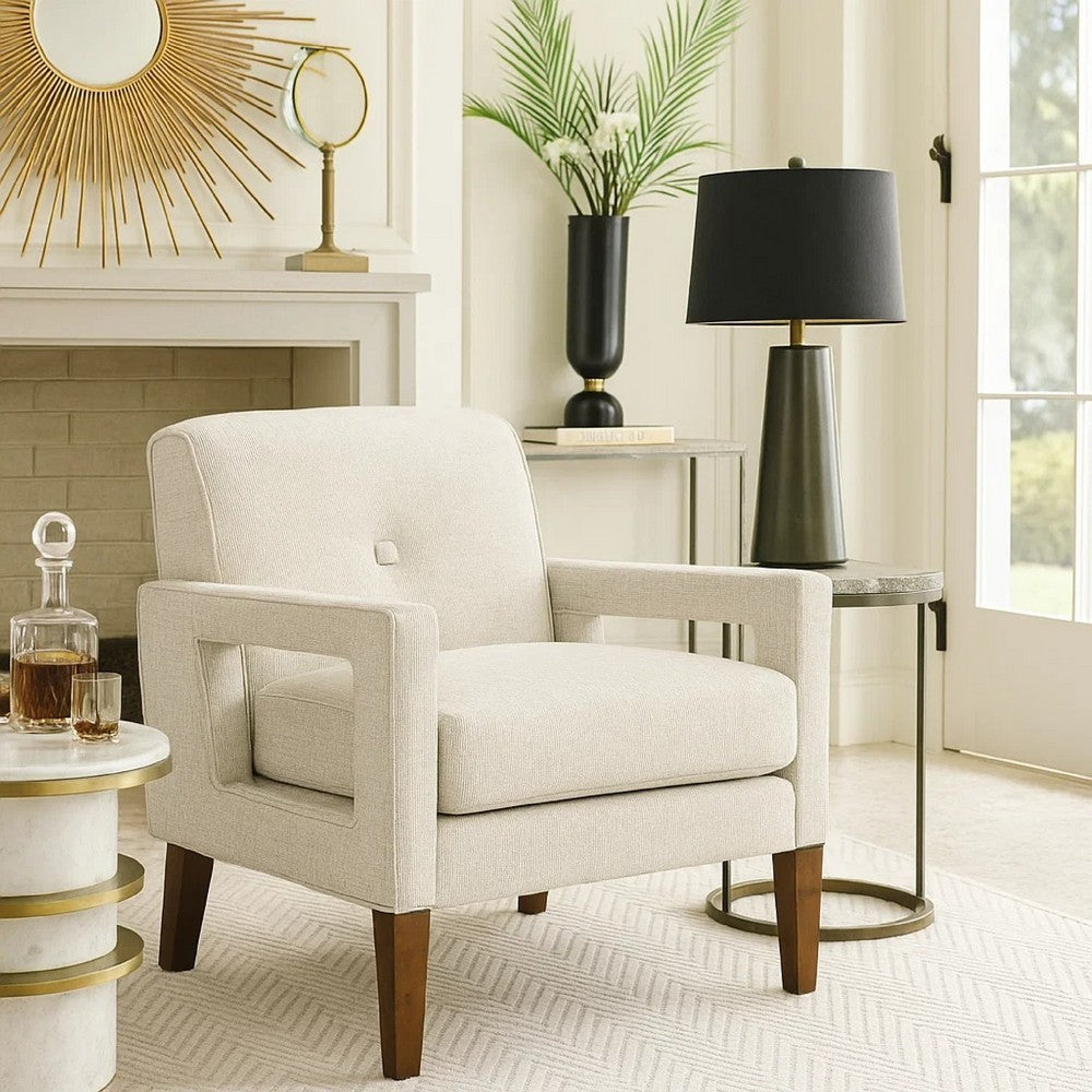 Bei Armchair, Beige Chenille Cushion, Walnut Brown Solid Wood
